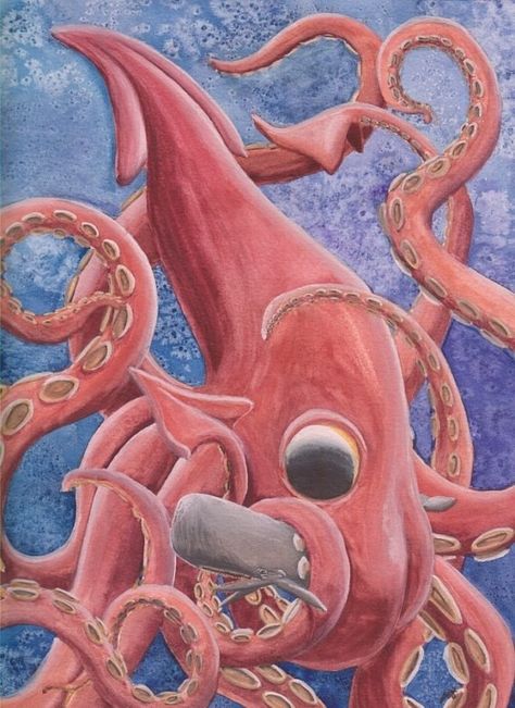 etsy art giant squid Colossal Squid, Bunny Illustration, Red Octopus, Giant Squid, Pond Life, Sea Monster, Life Aquatic, Water Life, Sea Creature