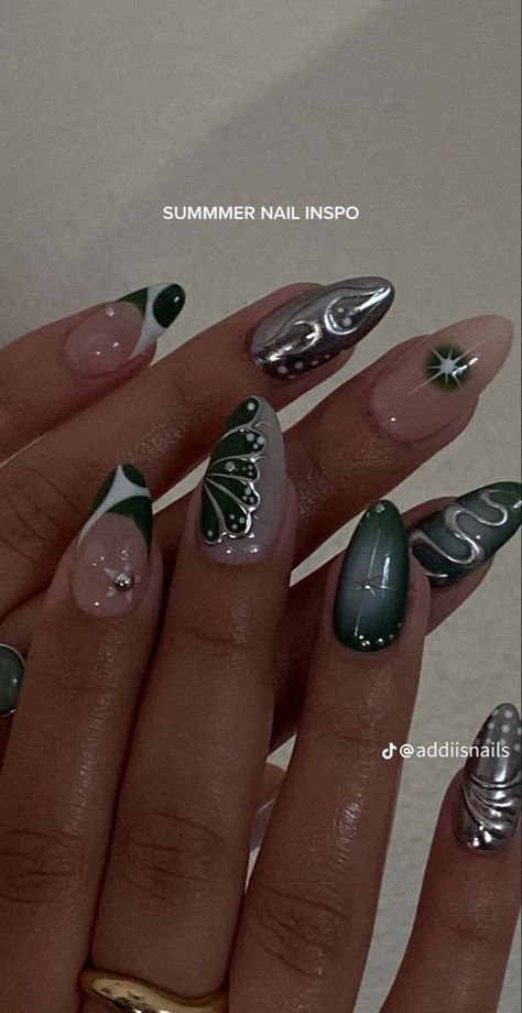 Gel Nail Designs Unique, Line Work Nail Art, Gems Nails Designs, Green And Chrome Nails, Nails Grunge 90s, Green March Nails, Cool Almond Nails, Rave Nails Acrylic, Cool Nail Art Designs Unique