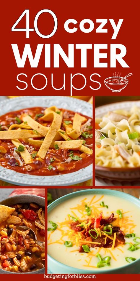 Warm up this winter with these cozy winter soup recipes. Find 40 comforting winter soups to soothe your soul when the weather gets cold. Find hearty vegetable soups, creamy chowders, classic chicken noodle and more. These easy to make soups will keep you full and satisfied all winter long. Perfect for a quick family dinner on busy weeknights. Cozy Comfort Food Recipes, 5 Star Soup Recipes, Winter Soups And Stews Crock Pots, Winter Soups Crockpot, Winter Soup Ideas, Best Winter Soup Recipes, Holiday Soup Recipes, Soups Creamy, Soups For Winter