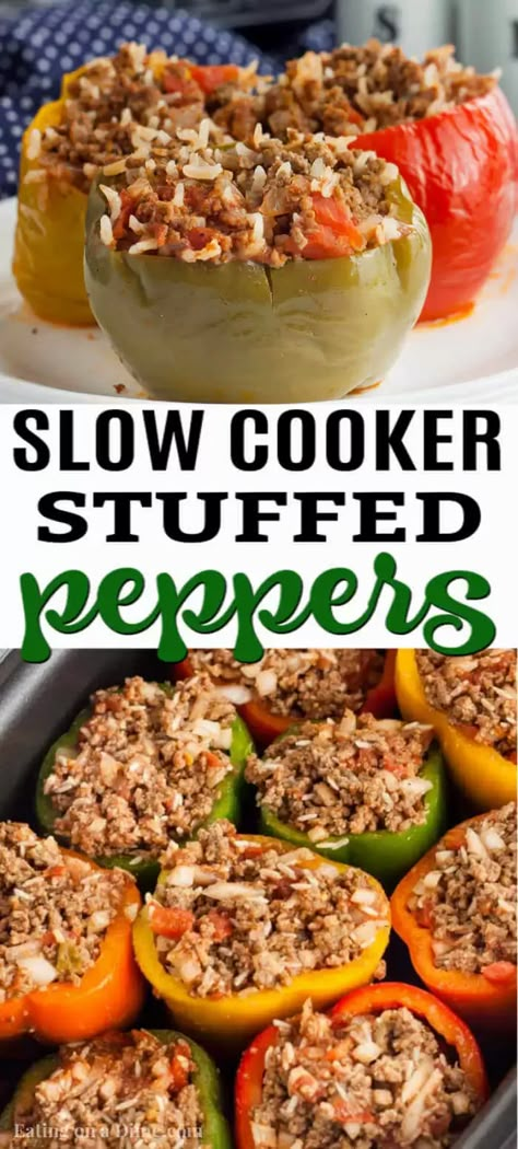 Need an easy crock pot recipe? Try this delicious Crock pot Stuffed Peppers recipe that is better than the traditional stuffed peppers recipe. Stuffed Pepper Crock Pot Recipe, Crock Pot Stuffed Peppers Easy, Crockpot Recipes Stuffed Peppers, Crockpot Recipes With Peppers, Crock Pot Stuffed Peppers Slow Cooker, Stuff Peppers In Crock Pot, Stuffed Peppers In The Crockpot, Stuffed Peppers In Slow Cooker, Crockpot Stuffed Peppers Easy