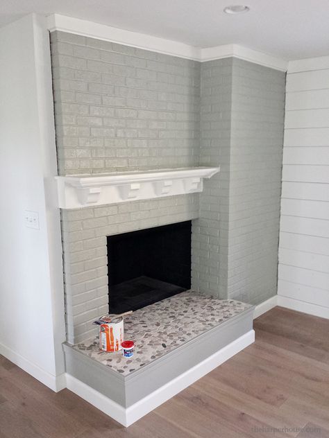 Painted Brick Fireplaces Gray, Light Gray Brick Fireplace, Painted Gray Brick Fireplace, Grey Painted Fireplace Brick, Painting Brick Fireplace Gray, Painting Stone Fireplaces, Light Grey Fireplace, Gray Fireplace Brick Painted, Tile Over Brick Fireplace