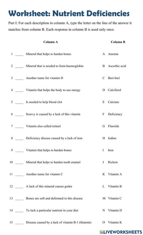 Nutrition Worksheets Printables, Deficiency Diseases, Homework Worksheets, Teaching Life Skills, Vitamin F, Science Topics, Nutrient Deficiency, Teaching Life, Science Project