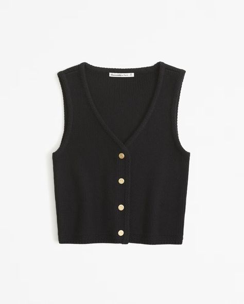 Women's The A&F Mara Cable Button-Up Sweater Vest | Women's | Abercrombie.com Button Sweater Vest Outfit, Knit Vest Button, Button Up Sweater Vest, Preppy Business Casual, Denim Bottoms, Spring Capsule Wardrobe, Classic Denim Jacket, Sweater Vest Women, Softest Sweater