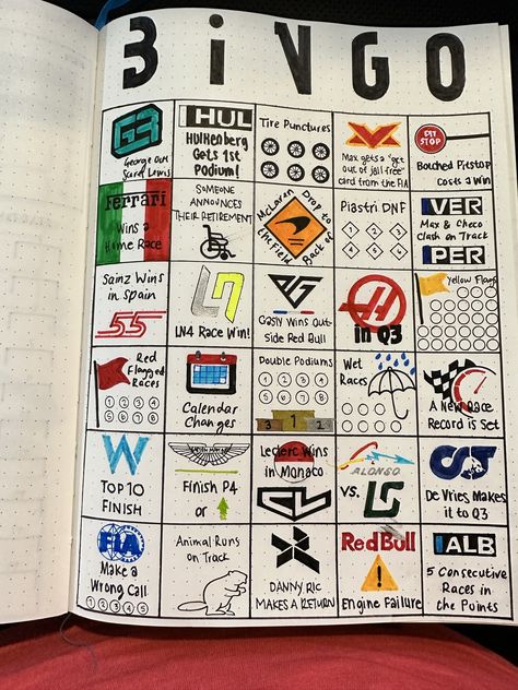 F1 Bingo Card, F1 Bingo 2023, F1 Bingo Card 2024, F1 Bingo 2024, F1 Notebook Ideas, F1 Journal Ideas, F1 Bullet Journal, F1 Bingo, F1 Doodle