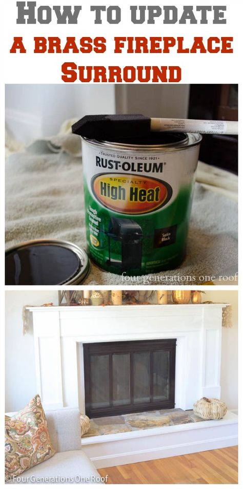 How to update a fireplace surround {brass} - Four Generations One Roof Brass Fireplace Surround, Update A Fireplace, Fireplace Redo, Brass Fireplace, Architecture Renovation, Fireplace Update, Metal Fireplace, Fireplace Surround, Fireplace Remodel