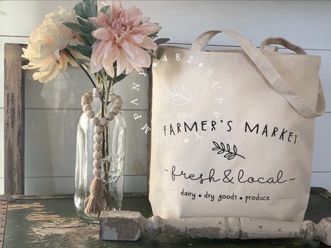 Grocery Bag Design, Farmers Market Cricut Ideas, Farmers Market Bag Aesthetic, Spring Market Tote Bag, Reusable Grocery Tote Canvas Bag, Canvas Tote Bag For Groceries, Farmers Market Canvas Bags, Farmers Market Tshirt, Canvas Grocery Bag