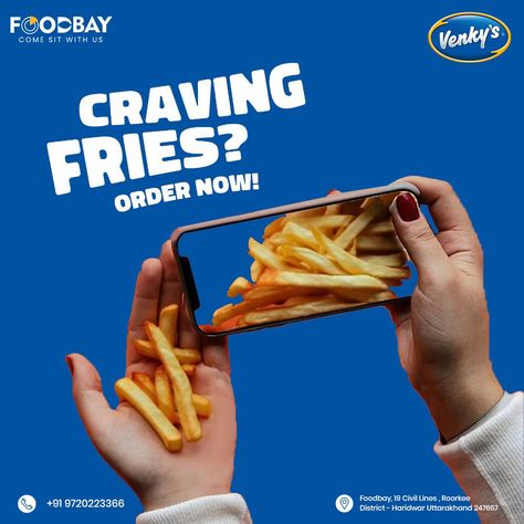 Indulge in crispy perfection with Venky's Potato Fries at FoodBay - where every bite is a tantalizing symphony of flavor and crunch. Elevate your snacking experience to a whole new level! call us: +919720223366 Reach Us: Food Bay 19, Haridwar Rd, Civil Lines, Roorkee, Uttarakhand 247667 #foodie #foodlove #chickenfried #burgrill #Zomato #foodislife #chickendish #burgertime #burgerlove #FoodOffers #tastebuds #FoodieDeals #FoodieDestination #iitroorkee #iit #foodbay #roorkee #newyear #food #... Winter Food Creative Ads, Food Delivery Aesthetic, Snack Potato, Us Food, Food Burger, Ad Ideas, Food Post, Food Ad, Ads Creative Advertising Ideas