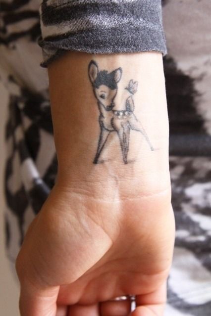 Bambi tattoo ❤ Bambi Tattoo, Simple Wrist Tattoos, Cute Tattoos On Wrist, Cool Wrist Tattoos, Meaningful Tattoos For Women, 4 Tattoo, Small Meaningful Tattoos, Wrist Tattoos For Women, Temporary Tattoo Designs