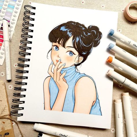 Ohuhu Art Ideas, Drawing With Ohuhu Markers, Cute Girly Drawings, Instagram Blue Theme, Art Markers Drawing Ideas, Cute Marker Drawings, Sketch Markers Drawing, Alcohol Markers Art Ideas, Ohuhu Markers Art