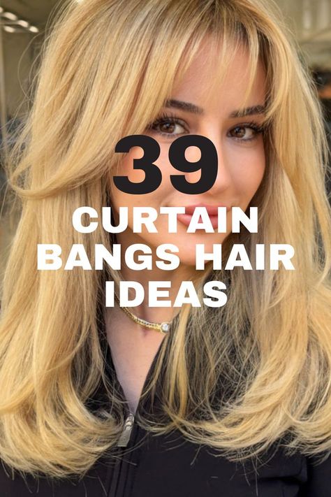 A medium to long blonde hairstyle with soft layers and curtain bangs, ideal for a chic and youthful appearance. ​ Hair Styles For Long Hair With Bangs, Black Hair With Bangs And Layers, Long Layers Curtain Bangs, Bangs Hair Ideas, Face Framing Layers With Bangs, Long Layers With Curtain Bangs, Chunky Bangs, Hair Colora, Layers With Curtain Bangs