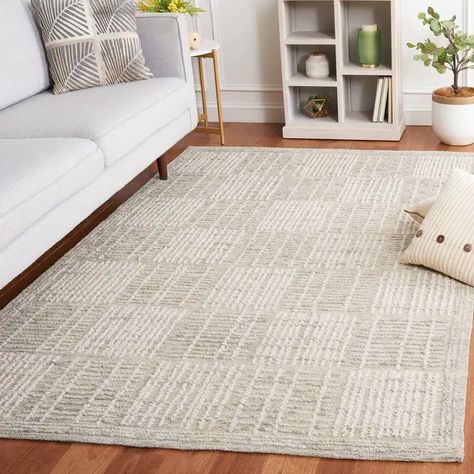 SAFAVIEH Handmade Abstract Yousra Checkered Wool Rug - On Sale - Bed Bath & Beyond - 37402366 Neutral Rug With Grey Couch, Tan Couch With Rug, Minimalist Living Room Rug, 10x12 Area Rugs, Organic Rug Design, Simple Rugs For Bedroom, Cream Couch And Rug Ideas, Scandinavian Area Rug, Area Rug For Dark Wood Floor