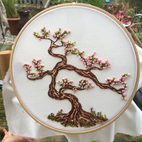 Hand Embroidery Tree Pattern, Bonsai Tree Embroidery, Cherry Blossom Tree Embroidery, Cherry Blossom Tree Embroidery Pattern, Embroidery Patterns Cherry Blossom, Modern Embroidery Kit, Embroidery Hoop Wall Art, Embroidery Wall Art, Crochet Gloves Pattern