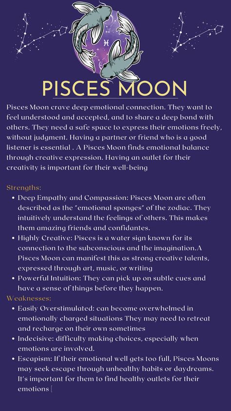 Unlock the secrets of the Pisces Moon!  Are you a highly empathetic dreamer? Do you crave deep emotional connection?  Explore the strengths, weaknesses, and emotional needs of the Moon in Pisces.  Learn more about this water sign and how it influences you on Moon in the water Sign . #piscesmoon #watermoon #astrology #empath #creativity #intuition #emotionalintelligence #astrologyblog Pisces Sun And Moon, Pisces Moon Aesthetic, Pisces Moon Sign, Astrology For The Soul, Mars In Virgo, Sidereal Astrology, Moon In Pisces, Leo Sun, Emotional Needs