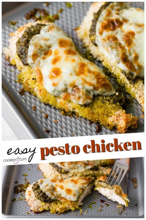 Easy Pesto Chicken is a flavor packed chicken recipe that only needs 4 ingredients and 5 minutes of prep time! A great low-carb dinner idea. #cookiesandcups #pestochicken #chickenrecipe #chickendinner #chickenbreasts #bakedchicken #dinnerrecipe #lowcarb #dinner Baked Pesto And Parmesan Chicken, Easy Baked Pesto Chicken, Oven Pesto Chicken, Creamy Pesto Chicken Bake, Cheesy Pesto Baked Chicken, Baked Pesto Chicken, Popular Dinner Recipes, Quick Chicken Recipes, Protein Packed Meals