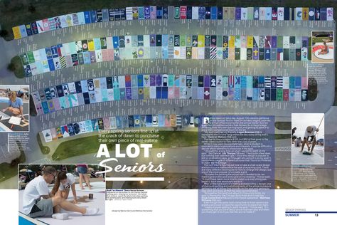 Yearbook Spread 2018, Senior Parking Lot. (The Creek, Timber Creek High School, Fort Worth, Texas) Yearbook Advisor, Teaching Yearbook, Senior Year Things, Yearbook Spreads, Yearbook Layouts, Yearbook Pages, Yearbook Themes, Yearbook Ideas, Yearbook Design