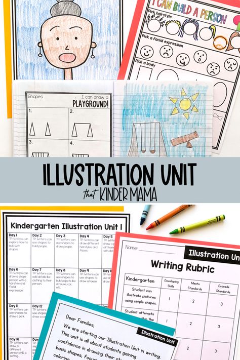 This is a four week illustration unit to help kindergarten/first grade writers become confident in their drawing and coloring skills. Primary students will learn how to draw with shapes and people with different facial expressions, hairstyles, and skin tones. #kindergarten #kindergartenreading #kindergartenactivities #reading #writing #illustration #howtodraw #howtodrawforkids #teachingart #shapes #teacherspayteachers #printablesforkids Illustration Unit Kindergarten, Draw With Shapes, Kindergarten Illustration, Writing Illustration, Kindergarten Writing Activities, Grade 1 Art, Different Facial Expressions, Become Confident, Alphabet Kindergarten