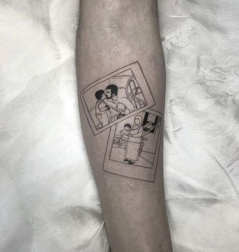 Silhouette Portrait Tattoo, Polaroid Style Tattoo, Tattoo To Get For Your Brother, Line Art Portrait Tattoo, People Tattoo Outline, Tattoos Of Pictures, Polaroid Outline Tattoo, Polaroid Picture Tattoo Ideas, Poloroid Tattoo Pictures