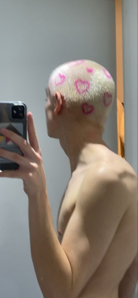 Guys With Dyed Buzzcut, Designs On Buzzcut, Valentines Buzzcut, Men’s Buzz Cut Dyed, Dyed Buzzcut Men Aesthetic, Buzzcut Side Profile, Hello Kitty Buzzcut, Buzz Cute Designs, Dyed Shaved Head Designs