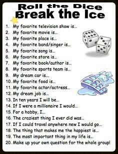 Use up to 3 dice, campers roll, add and answer! For even more get-to-know-you-fun...have them make up their own group list! Ice Breaker Games, Senior Activities, Roll The Dice, Ice Breaker, Games For Teens, E Mc2, Group Games, Team Building Activities, Youth Group