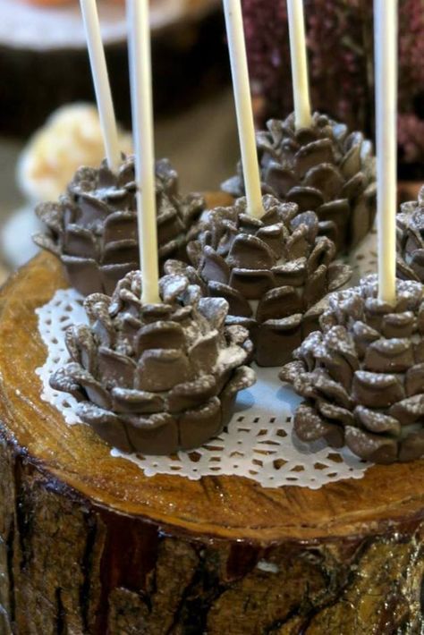 Rustic-Autumn-Themed-Birthday-Pinecone-Cakepops Lumberjack Cake Pops, Woodland Cake Pops, Baby Shower Fall Theme, Winter Bridal Shower Themes, Fall Cake Pops, Bridal Shower Food Ideas, Woodland Theme Party, Cone Cake, Shower Food Ideas