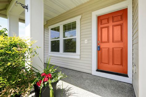 Beige is a popular exterior home color choice due to its versatility, neutrality, and flexibility. But it’s also neutral, making it suitable for most ... | 11 Orange Parrot House Doors Colors, Hawthorne Yellow, Front Door Images, Burgundy Colour Palette, Best Front Door Colors, Beige House, Tan House, Best Front Doors, Green Front Doors