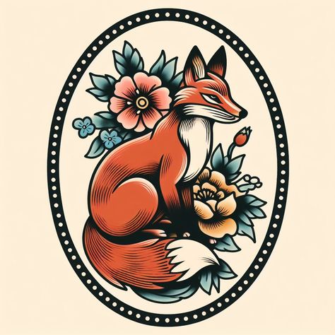 Oval Tattoo, Old School Animal Tattoo, Traditional Fox Tattoo Old School, Old School Fox Tattoo, American Traditional Fox Tattoo, Neotraditional Hummingbird Tattoo, Traditional Fox Tattoo, Fox Tattoo Traditional Black, Framed Traditional Tattoo