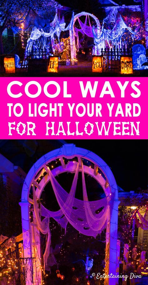 Awesome Halloween lighting ideas! I'm going to use these outdoor Halloween decorations to create a spooky yard haunt in my front yard. #entertainingdiva #halloween #halloweendecorations #halloweenlighting #halloweenoutdoordecor #halloweenoutdoorlighting #halloweendecorideas Halloween Lighting, Diy Halloween Dekoration, Dekorasi Halloween, Outdoor Lighting Ideas, Outdoor Halloween Decorations, Halloween Decor Diy, Halloween Entertaining, Yard Haunt, Halloween Graveyard