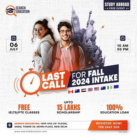 Last Call for Fall 2024 Intake! 🌍✈️ If you're dreaming of studying abroad, this is your chance to make it happen! Join us on Sun, July 6, 2024, at 10:00 AM at Search Education - Delhi. 📍 Don't miss out on this free opportunity to kickstart your international education journey. Our team of experts will be there to guide you through the admission process and answer all your questions. Whether you're interested in the US, UK, Canada, Australia, or any other destination, we've got you covered! ... Educational Cover Design, Education Standee Design, Education Creative Design, Overseas Education Creative Ads, Study In Abroad Poster Design, Did You Know Poster Design, Study Poster Design, Education Social Media Design, Study Abroad Poster Design