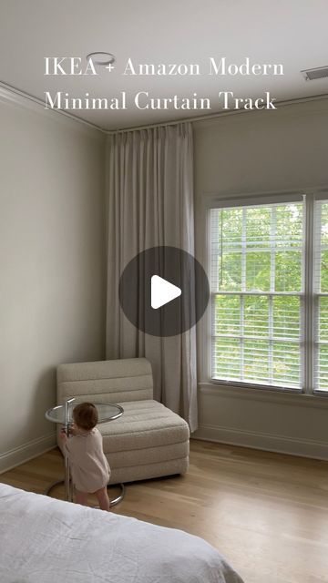 Sarah Wisted on Instagram: "Modern Minimal Curtain Track —— IKEA + Amazon  All links — in my “home” highlight   A full YouTube video with links and installation on my YouTube channel: https://youtu.be/a8hezFJ3uUQ  Curtains - ChadMade via @amazonhome Track - @ikeausa VIDGA  Disclaimer: The curtains are a bit too short for this space. I plan to let the hem out a bit to reach the floor." Curtain Track Ikea, Track Curtains Ceiling, Curtain Track Ideas, Vidga Ikea Curtains, Ikea Vidga Curtain Track, Floor To Ceiling Curtains Living Room, Vidga Ikea, Sarah Wisted, Ceiling Track Curtains