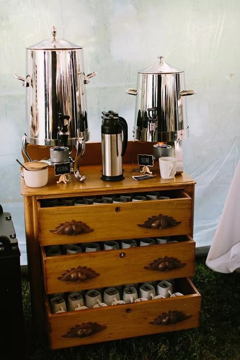 Elegant Coffee Bar Ideas Wedding, Cold Brew Bar Wedding, Outside Coffee Bar, Coffee At A Wedding, Fall Wedding Coffee Bar Ideas, Event Coffee Bar Ideas, Engagement Bar Ideas, Coffee Cart Weddings, Hot Drink Bar Wedding