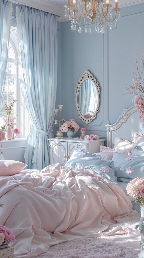 Light Blue Boho Bedroom Light Blue Pink Bedroom, Sky Blue Wall Color Bedrooms, Blue Pink Room Decor, French Blue And Pink Bedroom, Light Blue And Pink Bedroom Girly, Interior Design Bedroom Blue, Boho Butterfly Bedroom, Disney Room For Adults, Pale Blue And Pink Bedroom