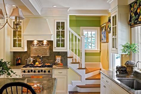 Kitchen back stairs!! Reminds me of all my favorite TGIF shows! Back Staircase Kitchen, Stairs To Kitchen, Stairwell In Kitchen, Staircase In Kitchen Layout, Back Stairs, Stairs Off Kitchen, Kitchen Staircase, Kitchen With Stairs, Staircase In Kitchen