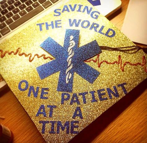 Grad cap for nurses, paramedics, EMTs Nurse Graduation Cap Designs, Medical Themed Parties, Grad Cap Ideas, Paramedic Student, Paramedic Quotes, Paramedic School, Nurse Graduation Cap, College Grad Cap Ideas, Emt Gift