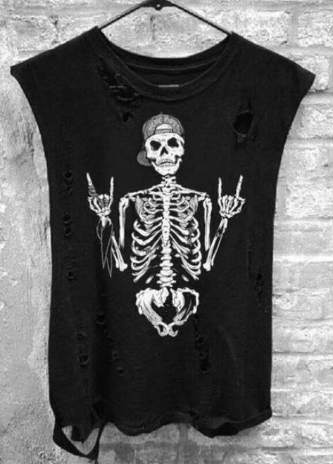 Broken Hole Round Neck T-shirt Top Stretch Sleeveless Top With Skull Print, Sleeveless Stretch Top With Skull Print, Halloween Punk Stretch Tops, Sleeveless Stretch Grunge Top, Punk Stretch Tank Top For Halloween, Stretch Tops For Halloween Concert, Stretch Tops For Concert And Halloween, Edgy Stretch Tank Top For Halloween, Grunge Stretch Top For Festivals