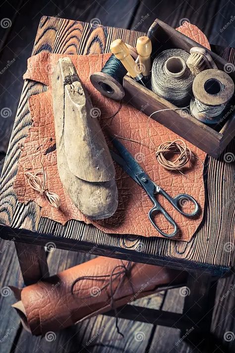 Vintage Shoemaker Workshop with Leather and Tools Stock Image - Image of repair, shoe: 112935939 Vintage Shoe, Shoe Making, Making Tools, Wooden Table, Screen Savers, Vintage Shoes, Leather Tooling, Powerpoint Presentation, Feng Shui