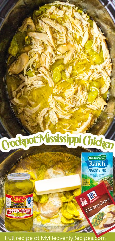 mississippi chicken Ranch Gravy, Crockpot Mississippi Chicken, Dump And Go Crockpot, Mississippi Pot Roast Recipe, My Heavenly Recipes, Mississippi Chicken, Frozen Chicken Recipes, Chicken Breast Crockpot Recipes, Over Mashed Potatoes