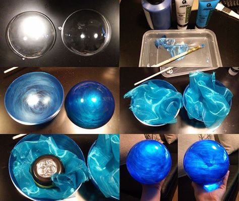 glowing orb tutorial1. Starting with a clear 14 cm bauble from ebay. 2. Mixing different types of blue and silver to get different shades of blue. The silver is to get a metallic, glittery color. 3. Work your paint onto the inside of the bauble with circular motions. 4. Add a piece of organza in any color you want. 5. Add a light source. I used Stick n' Click lights (a google image search will show you what I mean). 5. Congrats, you've made a glowing orb! Glowing Orb, Festa Harry Potter, Anniversaire Harry Potter, Theme Harry Potter, Costume Tutorial, Prop Making, Cosplay Tutorial, Cosplay Diy, Cosplay Tips