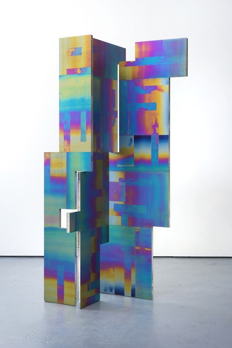 Mark Hagen, A Parliement of Some Things (Additive and Subtractive Sculpture, Titanium Screen, Panels 3, 4, 5), 2014, Anodized titanium on aluminium honeycomb panel, 3 parts: 84 x 36 inch (3), 84 x 36 inch (4), 84 x 18inch (5). Courtesy of Kelly Ying. Subtractive Sculpture, Graffiti Aesthetic, Streetwear Graffiti, Colorful Streetwear, Room Scandinavian, Anodized Titanium, Living Room Scandinavian, China Art, Contemporary Art Gallery