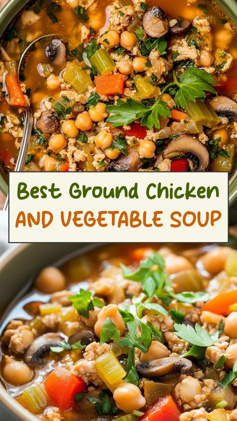 Warm up your winter days with a delicious bowl of homemade ground chicken and vegetable soup. Packed full of nutritious ingredients, this hearty soup is perfect for a cozy night in or lunch on-the-go. Follow our easy recipe to create a flavorful and satisfying meal that the whole family will love. Say goodbye to store-bought soups and hello to homemade goodness! Ground Chicken Soup Recipes, Soup With Ground Chicken, Ground Chicken Soup, Homemade Ground Chicken, Recipes With Ground Chicken, Easy Ground Chicken Recipes, Chicken And Vegetable Soup, Clean Eating Soup Recipes, Chicken Vegetable Soup Recipes