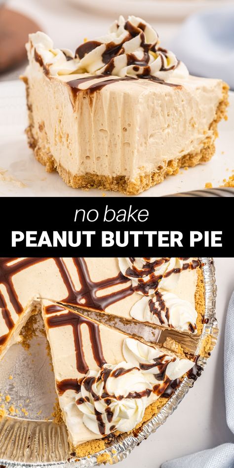 This easy No Bake Peanut Butter Pie is a silky smooth, rich and decadent dessert sure to please all the peanut butter fans in your life! Featuring a sweet and creamy peanut butter filling in a graham crack crust with a whipped cream topping, this one insanely delicious pie! Peanut Butter Creme Pie, Peanut Butter Pie Frozen, Peanut Butter Cool Whip Pie, Peanut Desserts Easy, Freezer Peanut Butter Pie, Whipped Topping Dessert Recipes, Whipped Peanut Butter Pie, Peanut Butter Pie With Graham Crust, Peanut Butter Pastries