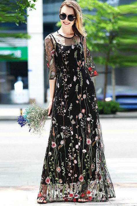 Dress Pengantin, Boho Wedding Guest Dress, Party Wear Long Gowns, Flowers Outfit, Embroidery Maxi Dress, Sheer Embroidered Dress, Concert Dresses, Mother Of Bride Outfits, Kurta Designs Women