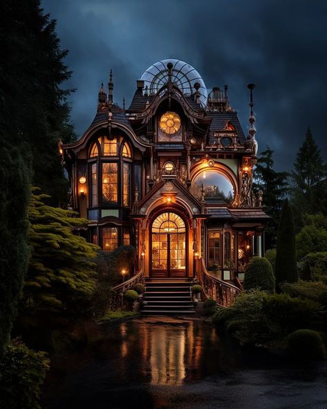 Tour through a Victorian Steampunk Mansion 🏠💡⚙️✨️ Dark Victorian Mansion Exterior, Dark Victorian Mansion, Steampunk Exterior, Fantasy Mansion Art, Steampunk House Exterior, Academy Exterior, Victorian Gothic House Exterior, Victorian Mansion Aesthetic, Steampunk Mansion