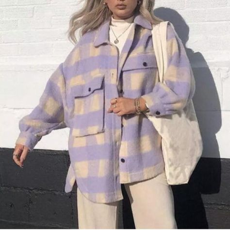 Cozy Pastel Purple/Beige Oversized Plaid Overshirt Winter | Etsy Flannel Coat Outfit, Shacket Outfit, Pastel Lilac, Racun Shopee, Types Of Coats, Pastel Outfit, Mama Style, Winter Outerwear, Color Pastel