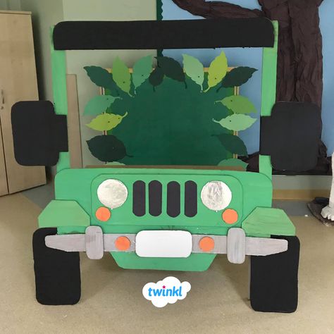 🍃🚙 Rainforest Jeep Photo Booth 📸🍃 Mike created this amazing photobooth ready for the new term! It looks fantastic 😍 Click to find more rainforest and jungle-themed teaching ideas over on the Twinkl website.   #jungle #jungleclassroom #classroomideas #classroominspiration #photobooth #teaching #teacher #teachingresources #teachingideas #teachersfollowteachers #teachersofinstagram #education #twinkl #twinklresources #rainforest #backtoschool Diy Safari Jeep Photo Booth, Safari Jeep Photo Booth, Jeep Photo Booth, Jeep Photoshoot Ideas, Rainforest Layers, Safari Photo Booth, Car Photo Booth, Jeep Photoshoot, Jungle Backdrop