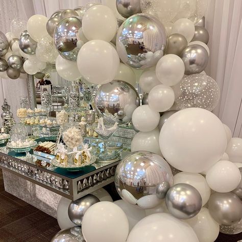 B&T Events on Instagram: “Balloons and Bling for this beautiful anniversary party!  #balloons#eventdecor #candybar #candytable #dessert #desserttables #eventstylist…” Diamonds Birthday Party Theme, 1 Year Wedding Anniversary Party, Diamond Anniversary Decorations, Diamond Birthday Theme Party Ideas, Diamond Theme Bridal Shower Ideas, Bling Theme Party Ideas, Pearl Anniversary Party, Diamond Jubilee Birthday, Diamonds And Pearls Prom Theme