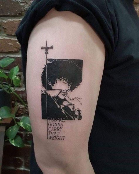 Spike Spiegel Tattoo, Cowboy Bebop Tattoo, Cowboy Tattoos, Best Tattoo Ever, Spike Spiegel, Blackwork Tattoos, Wrist Tattoos For Guys, Badass Tattoos, Discreet Tattoos