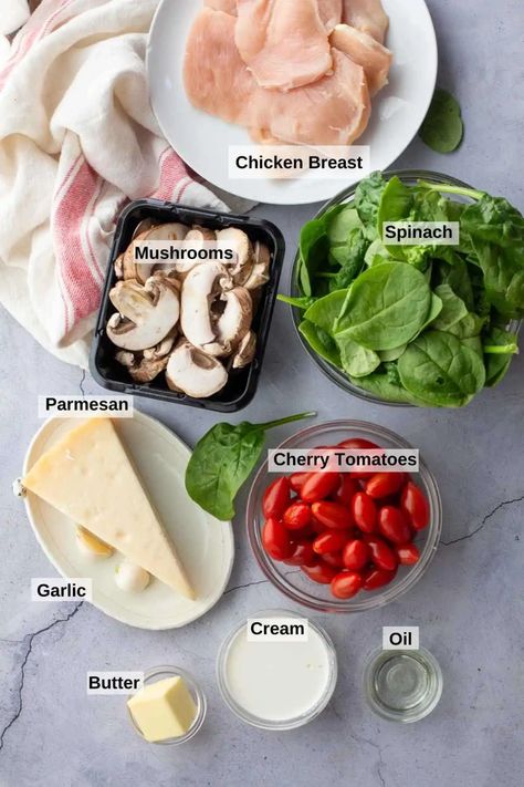 Chicken Spinach Tomato Recipe, Chicken With Cherry Tomatoes Recipe, Mushroom Tomato Recipe, Chicken Mushroom Spinach, Chicken Spinach Mushroom, Spinach Feta Chicken, Burst Cherry Tomatoes, Tiktok Chicken, Chicken Spinach Recipes