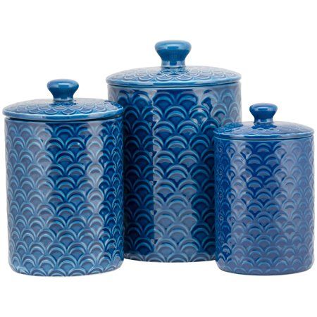 Free Shipping on orders over $35. Buy 10 Strawberry Street Ocean 3 Piece Canister Set, Navy Blue at Walmart.com Navy Kitchen Accessories, Navy Blue Kitchen Decor, Blue Kitchen Canisters, Apartment Concept, 3 Piece Kitchen Canister Set, Blue Kitchen Accessories, Tea Coffee Sugar Canisters, Blue Vases, Ceramic Canister Set