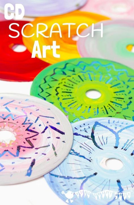 CD SCRATCH ART - Kids can have loads of fun with old CDs making vibrant Colourful CD Scratch Art. It's a fabulous recycled and process art opportunity for kids of all ages. #paintingwithkids #kidsactivities #kidspaint Occ Crafts, Library School, Kids Craft Room, Recycled Art Projects, Old Cds, Cd Crafts, Cd Art, Scratch Art, Mason Jar Crafts Diy