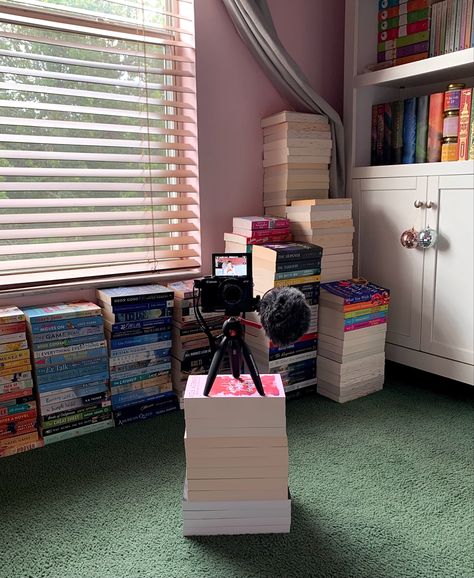 a Canon G7x Mark II sitting on top of a stack of books with color coordinated book stacks and a bookshelf displayed behind it Book Influencer Aesthetic, Booktuber Aesthetic, Book Influencer, Booktube Aesthetic, Book Signing Aesthetic, Booktok Aesthetic, Book Store Owner Aesthetic, Book Tok Books Aesthetic, Aesthetic Book Store Pictures